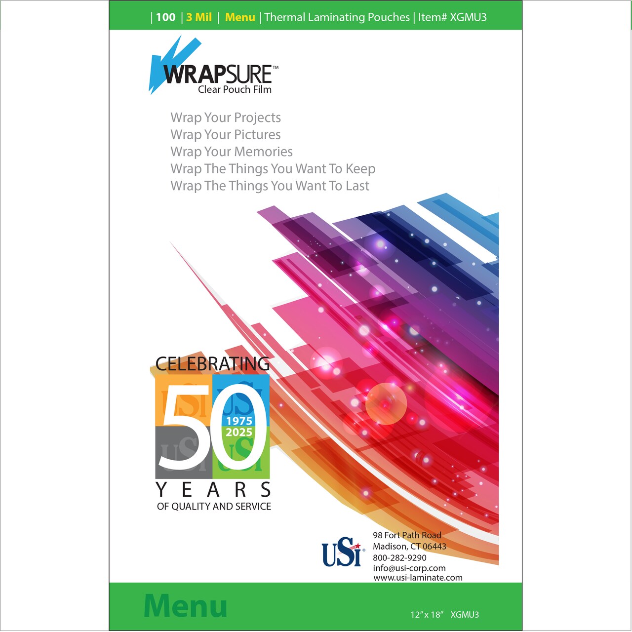 USI WrapSure 3 Mil Thermal Laminating Pouches, 100-Pack, 12"x 18" Menu Size, Clear Gloss, Rounded Corners